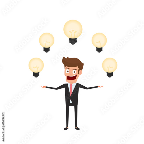Businessman having a lot of idea. Light bulbs around man's head concept of creative to success. Cartoon Vector Illustration.