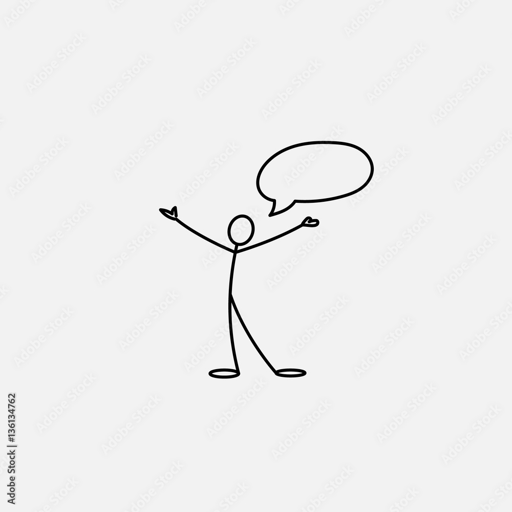 Happy man stick figure open to the world and speech bubble Stock Vector
