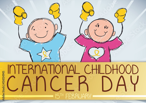Cute Boy and Girl Commemorating International Childhood Cancer Day, Vector Illustration