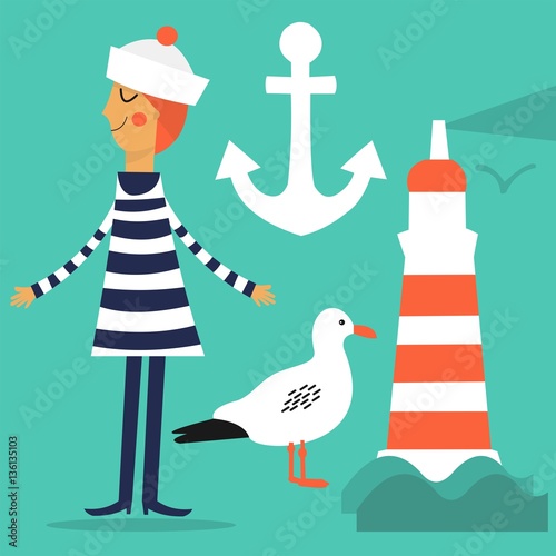 Vector set. Cartoon sailor, lighthouse, Seagull and anchor.