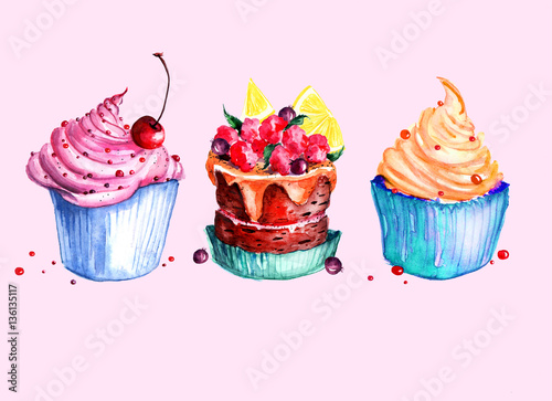 Set - watercolor cakes. Cream cakes  cakes with berries  cake with cherry. Illustration isolated on white background. It can be used as a postcard.