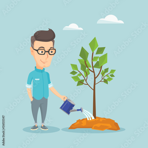 Man watering tree vector illustration.