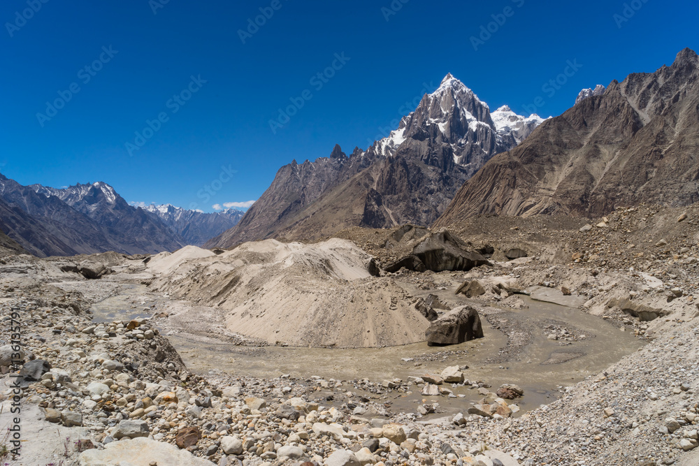 Naklejka premium Paiju peak behind baltoro glacier with river curve, K2 trek, Pak