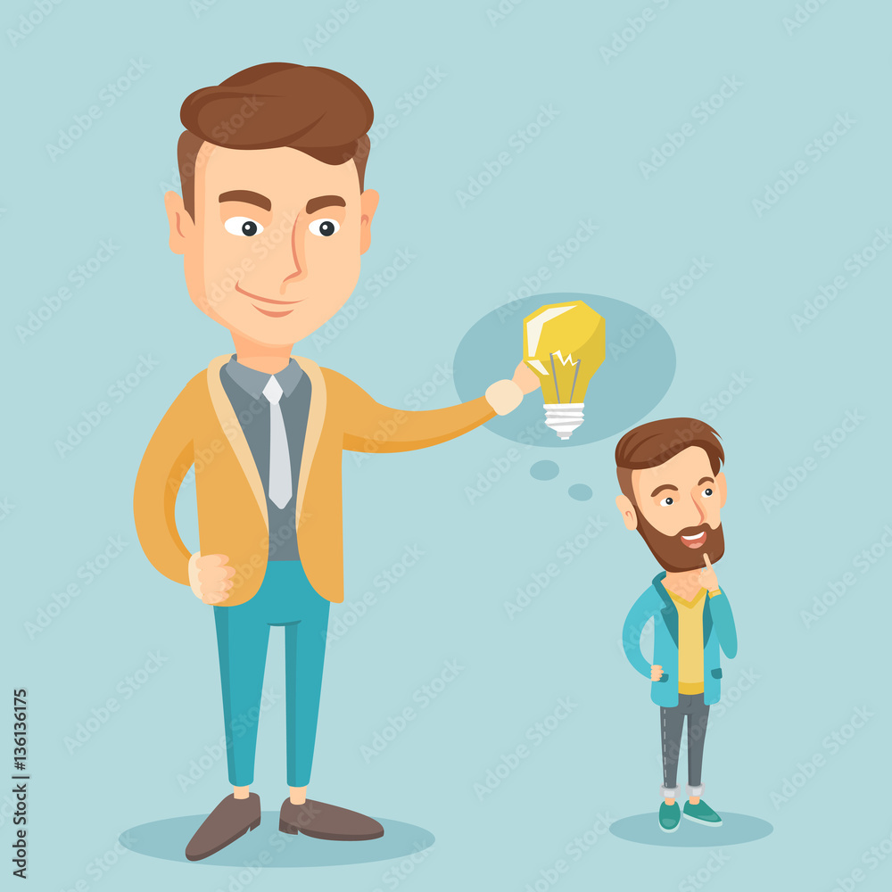Business man giving idea bulb to his partner. Business man giving idea bulb to his partner.
