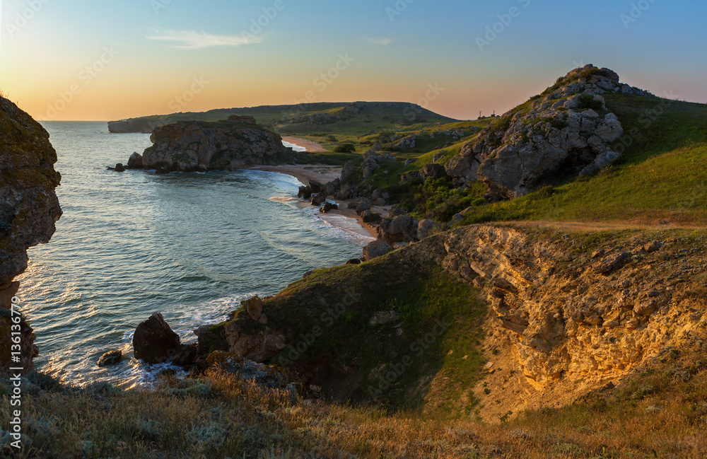 Generals beach at dawn. Karalar regional landscape park in Crimea. Generals beach at dawn. Karalar regional landscape park in Crimea.