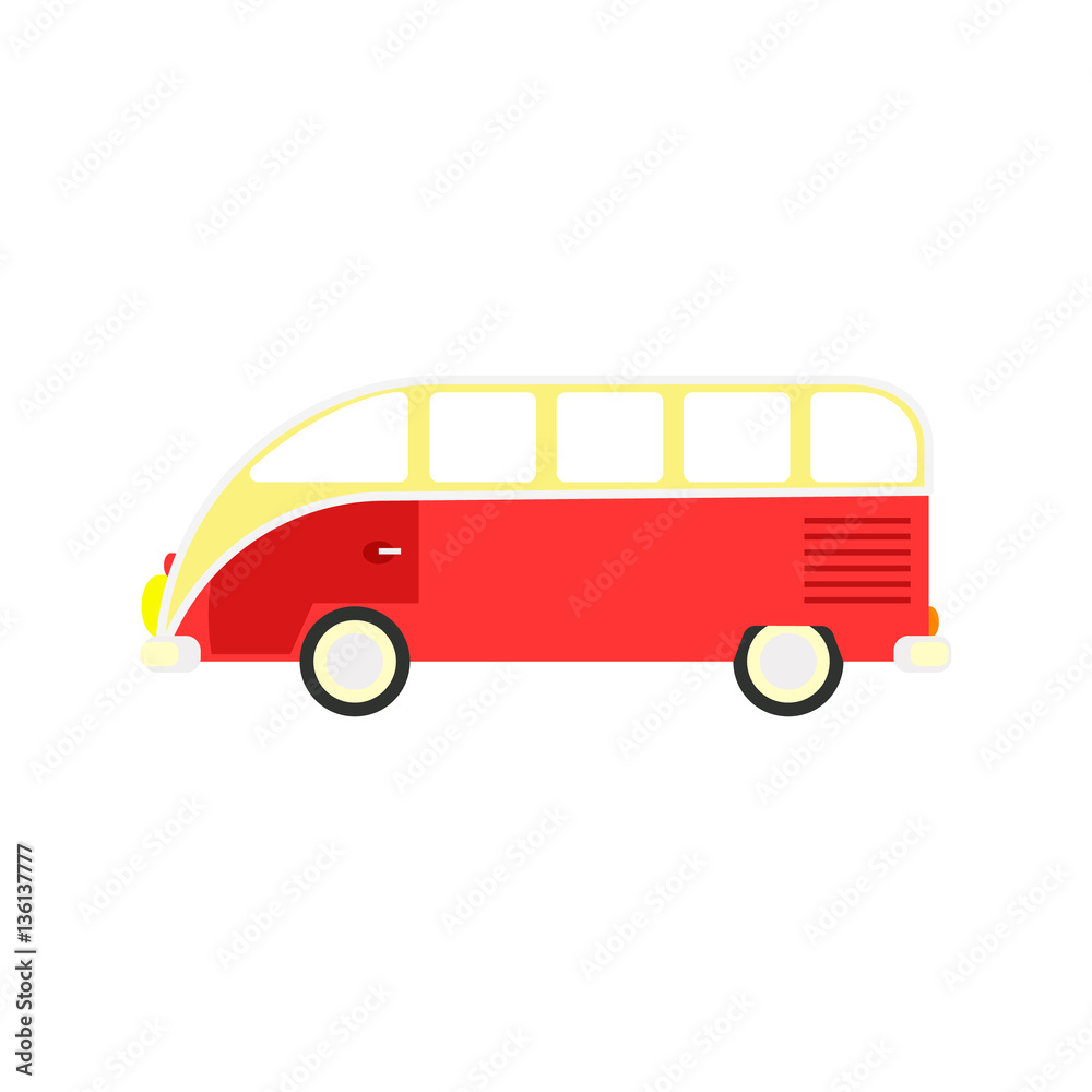 Colorful cartoon travel bus. Surfing retro buses in different colors. Set  of recolored traveler coach camper flat style icons isolated on white.  Family summer bus in classic colors, vector. Stock Vector |