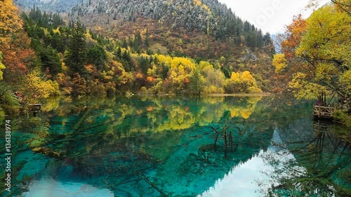 The beautiful Juizhaigou Valley (Valley of nine villages) National Park in autumn, winter in aba state, sichuan province, China.