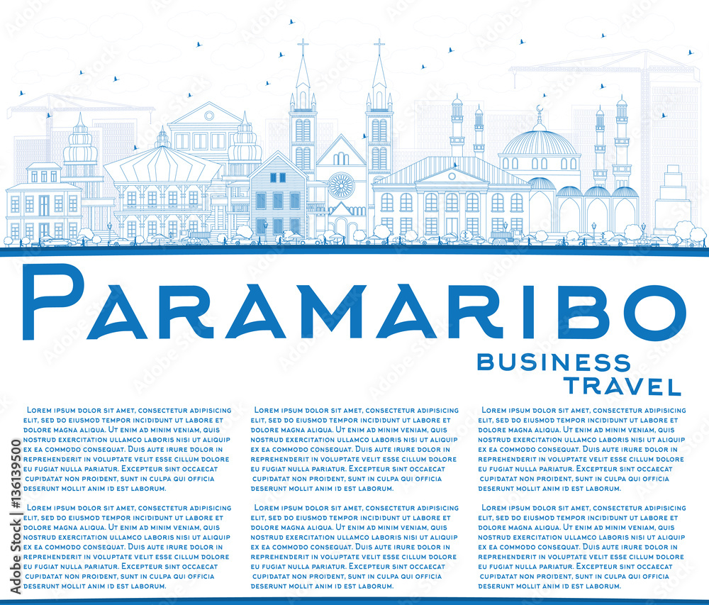 Outline Paramaribo Skyline with Blue Buildings and Copy Space.