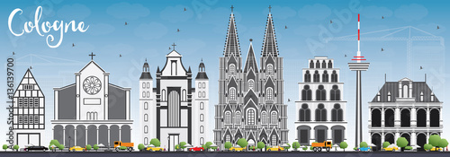 Cologne Skyline with Gray Buildings and Blue Sky.