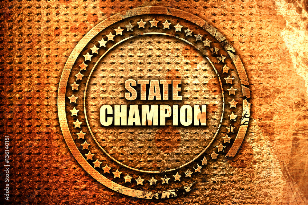 state champion, 3D rendering, text on metal