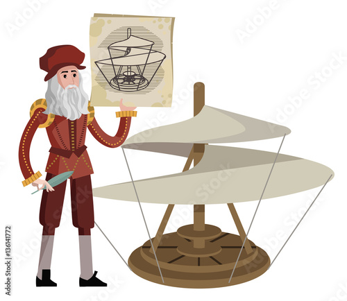 great italian renaissance artist with paper sketch draft of a flying machine helicopter