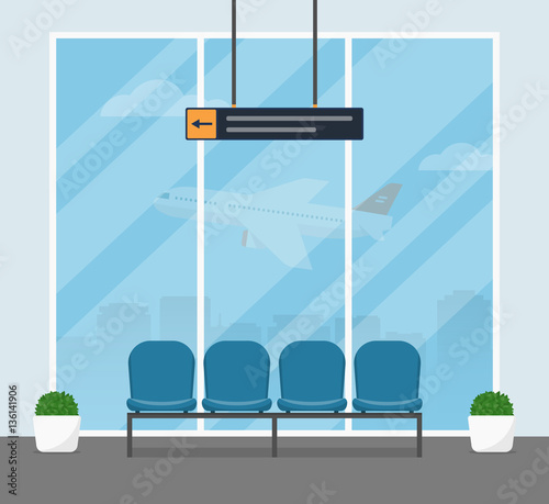The waiting room at the airport. Modern interior of the airport building with blue armchairs for passengers awaiting departure. Vector illustrations in a flat style.