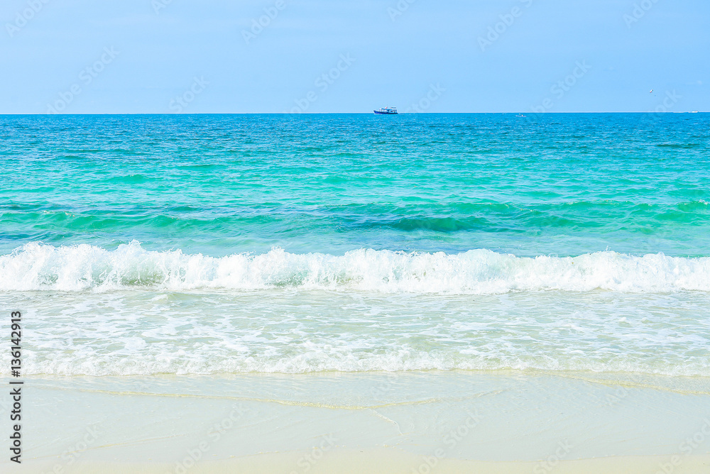 sea beach, blue sky, sand, sun, daylight, relaxation, landscape viewpoint for design postcard and calendar in Thailand. sea background. beach background. sea landscape background white sand background