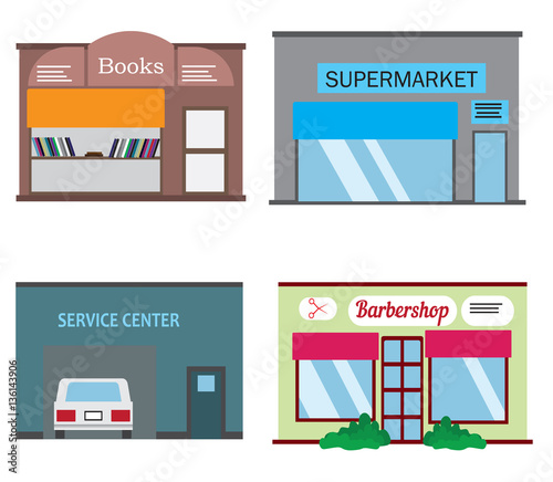 Shops and stores icons set in flat design style. Barber shop, supermarket, books shop and service center