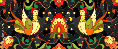 Illustration in stained glass style with a pair of roosters , flowers and patterns on a dark background , horizontal image,the imitation of painting Khokhloma © Zagory