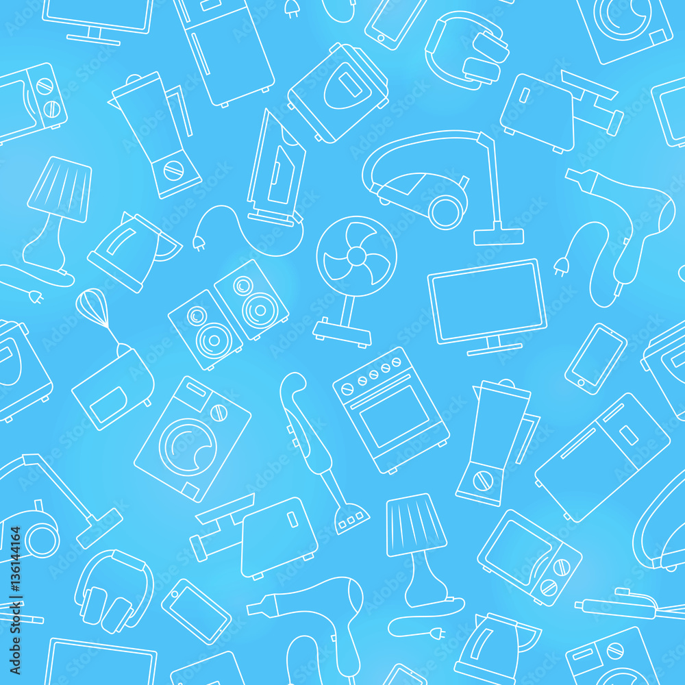 Seamless pattern topic of household appliances, a light outline on a blue background Seamless pattern topic of household appliances, a light outline on a blue background