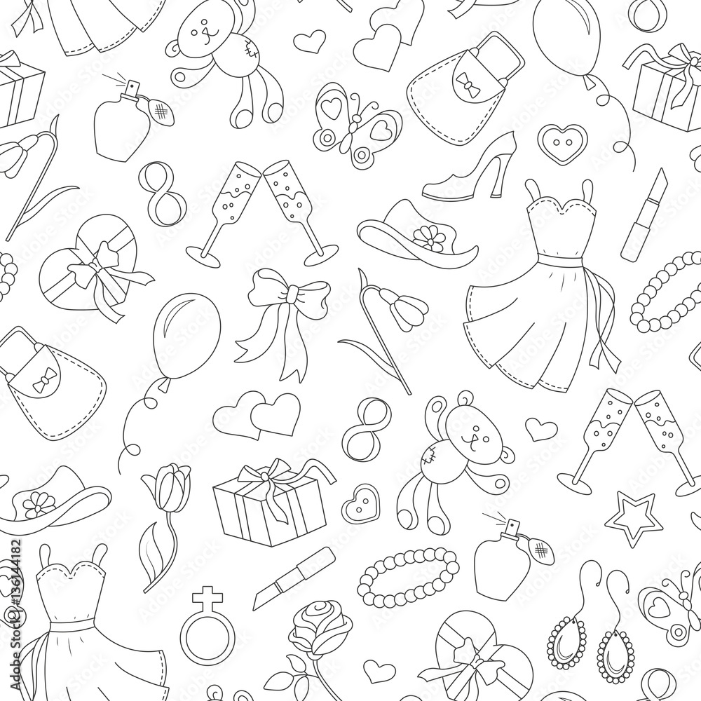 Seamless pattern on the theme of international women's day March 8, a simple outline icon on the topic of women, black contour on white backgroun