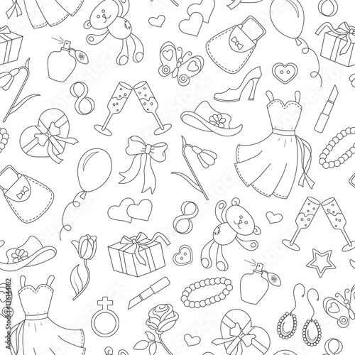 Seamless pattern on the theme of international women's day March 8, a simple outline icon on the topic of women, black contour on white backgroun