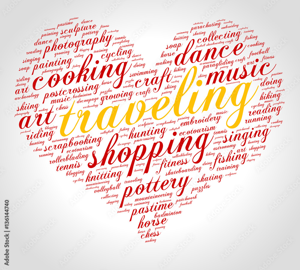 Traveling. Word cloud, heart, italic font, grey gradient background. Hobby. Traveling. Word cloud, heart, italic font, grey gradient background. Hobby.