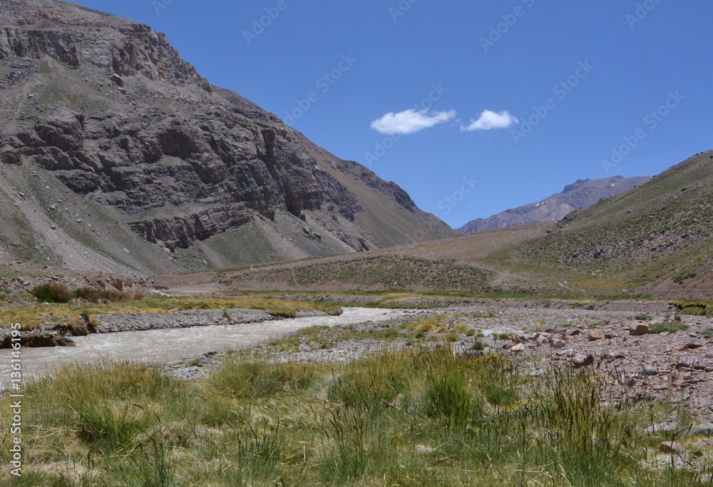 Small river flowing through a dry landscape near Aconcagua Argentina.