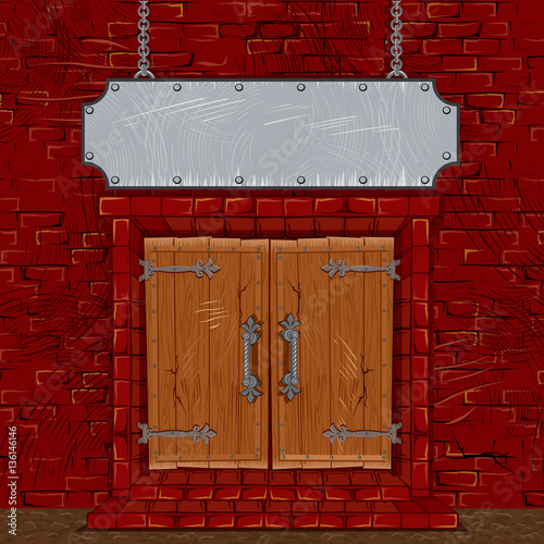 Medieval Facade with Wooden Entrance Door Gate