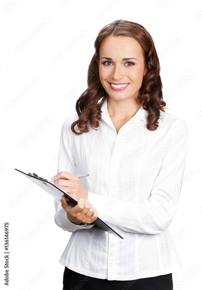 businesswoman with clipboard, isolated businesswoman with clipboard, isolated