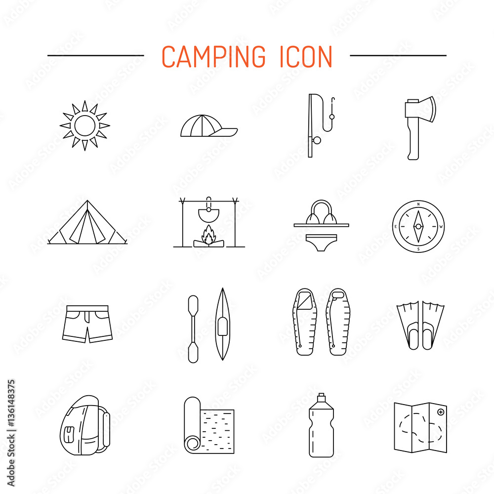 Fototapeta premium Vector linear icons on the topic of camping and Hiking in the wild, forest, lake, mountains, painted in a linear style.