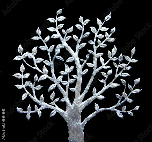 Silver tree on black background-oil handmade painting. 