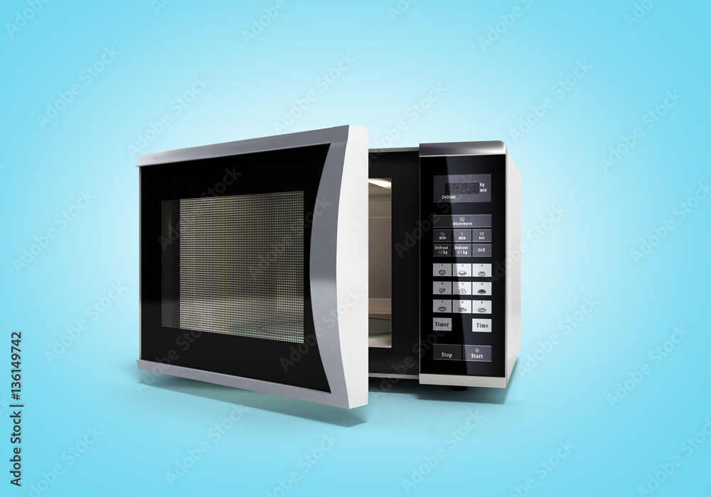 Fototapeta premium Microwave stove on blue gradient background 3d illustration