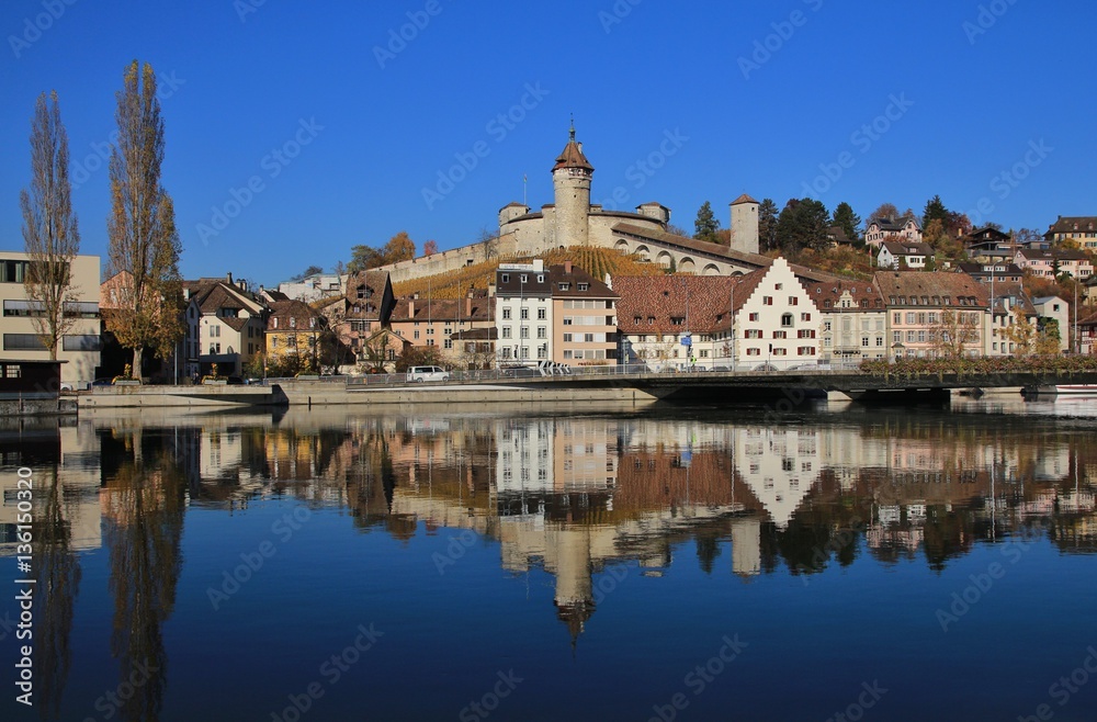 Medieval town Schaffhausen reflecting in the river Rhine
