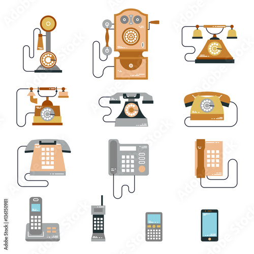 Fototapeta Naklejka Na Ścianę i Meble -  Vector illustration of evolution of communication devices from classic phone to modern mobile phone. Retro vintage icons set. Cell symbols silhouettes isolated. Line style