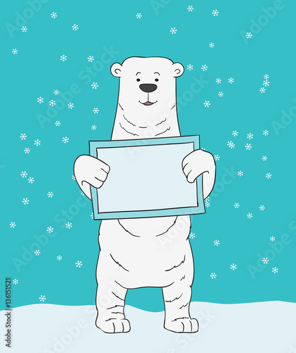 polar cartoon bear holding ice frame on winter snowflakes backgr