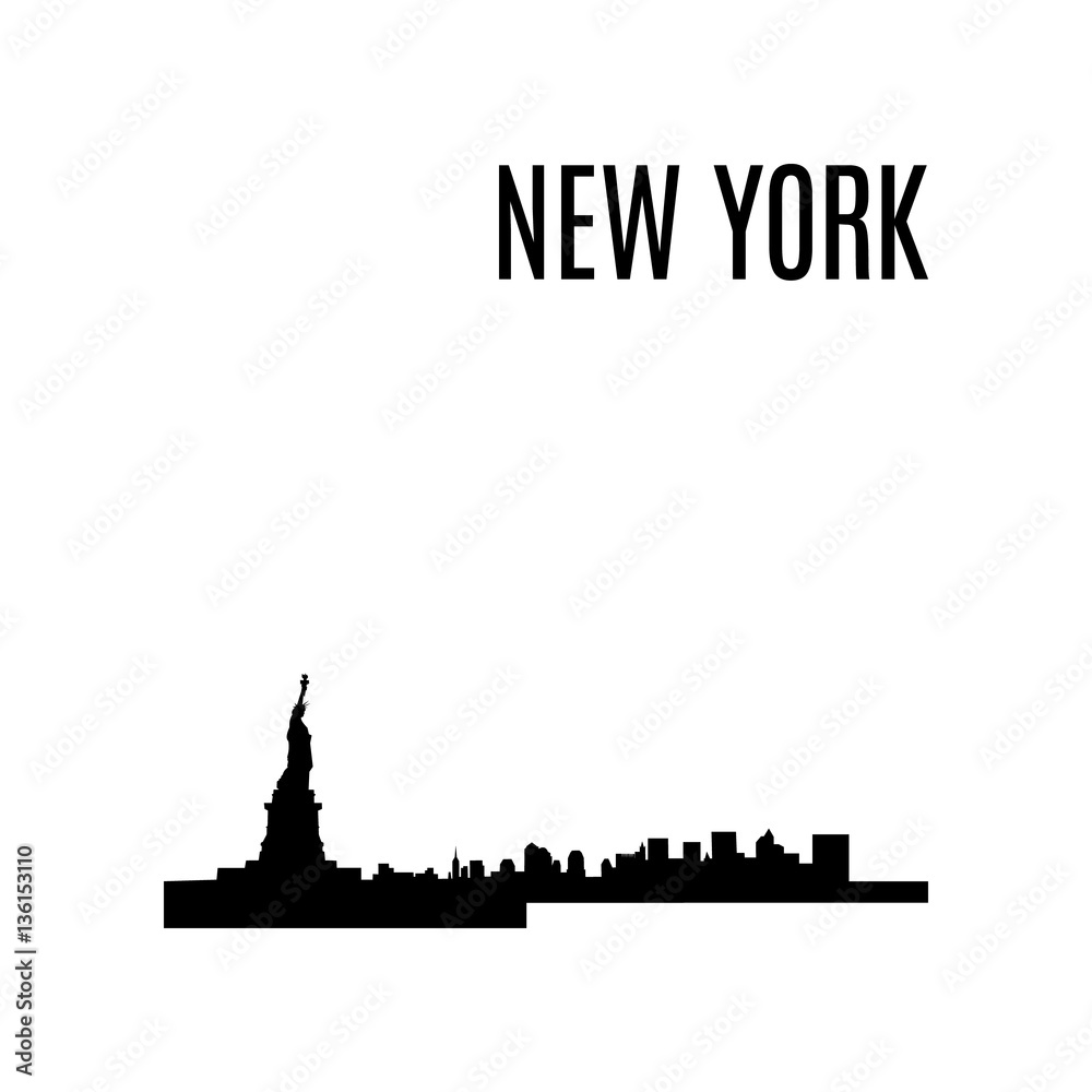 New York City skyline black silhouette modern typographic design. USA landmark vector illustration. Statue of Liberty. Architecture of American downtown. United States of America big city panorama