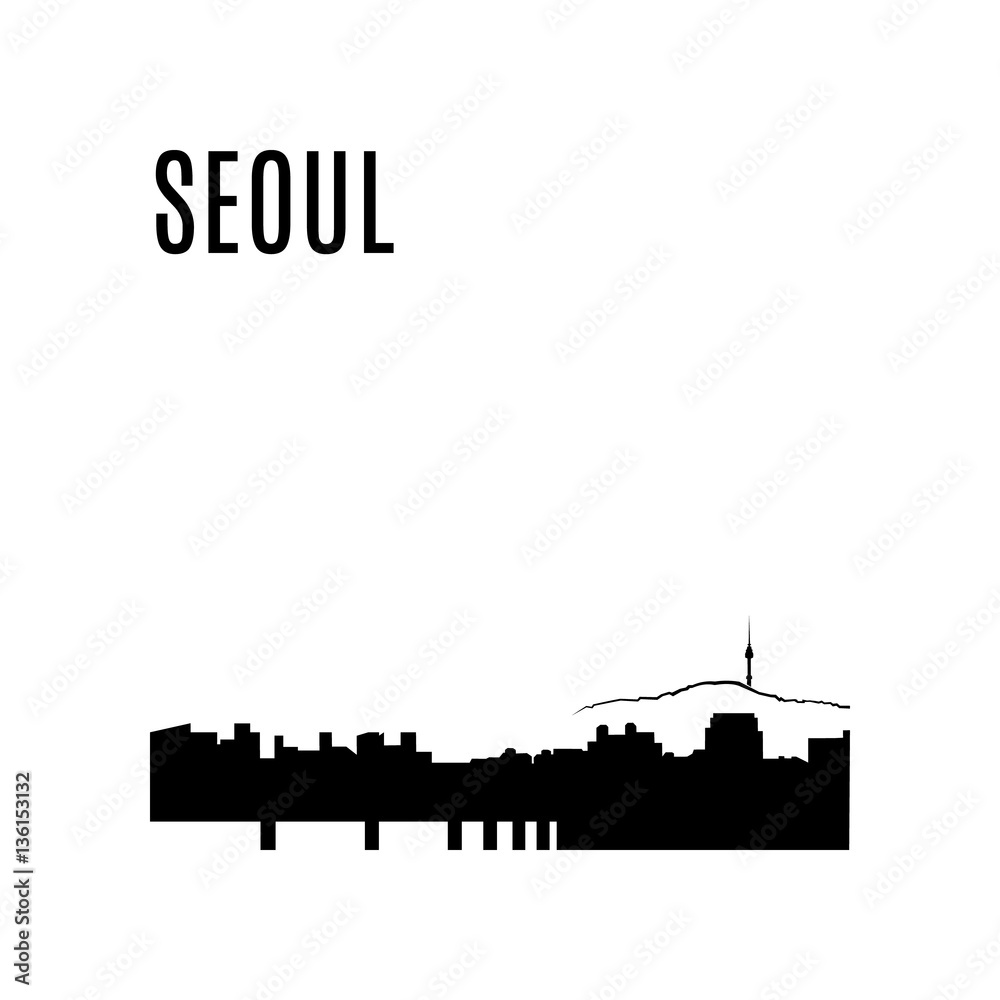 Seoul City skyline black silhouette. Seoul landscape on a background of mountains. View of downtown cityscape and Seoul tower in Seoul, South Korea. Seoul panorama. Landmark vector illustration