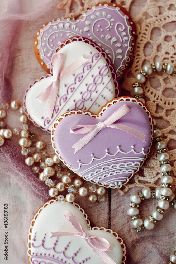 Beautiful background for Valentine's day with gingerbread hearts Beautiful background for Valentine's day with gingerbread hearts