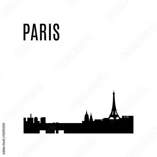 Vector Paris City skyline black silhouette modern typographic design panorama. Paris landmark. Eiffel Tower, Les Invalides, Saint Germain des Pres Church, Maine Montparnasse Tower. Vector architecture
