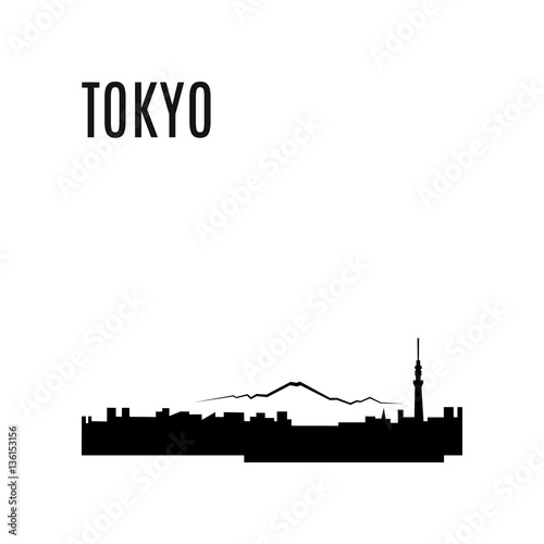 Tokyo City skyline black silhouette modern typographic design. Japan landmark vector illustration. Tokyo City landscape on a background of mountains. Architecture of Japanese downtown. Tokyo panorama