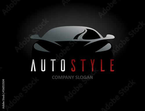 Auto style car logo design with abstract concept sports vehicle icon silhouette on black background. Vector illustration.