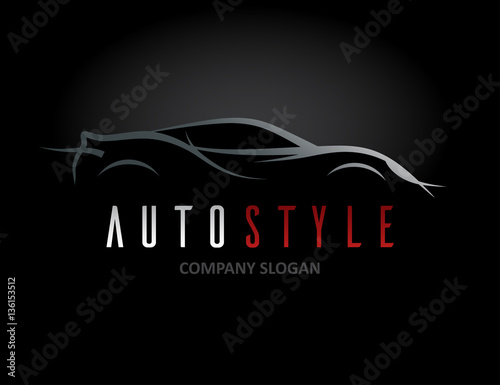 Auto style car logo design with abstract concept sports vehicle icon silhouette on black background. Vector illustration.