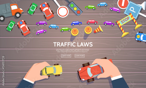 Traffic laws template with play car, road symbols. Vector illustration of hand control car top view concept in flat style.