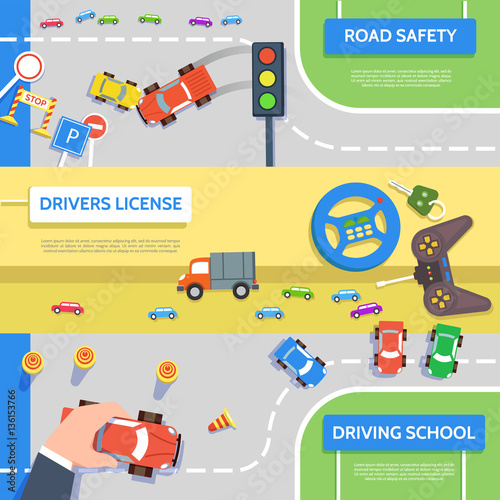 Set traffic horizontal banners driving school road safety in flat style.Vector illustration drivers education concept © Doloves