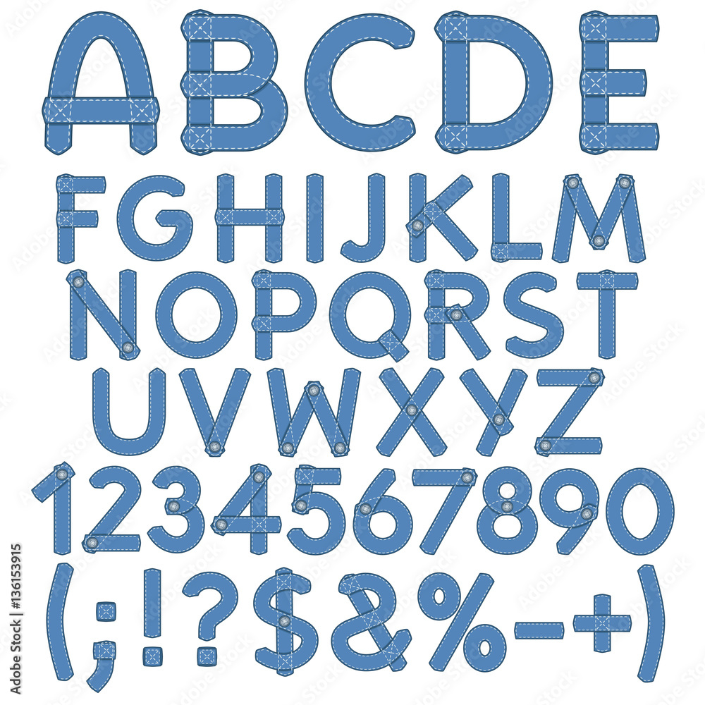 Letters, numbers and signs of denim. Isolated objects on a white background. Letters, numbers and signs of denim. Isolated objects on a white background.