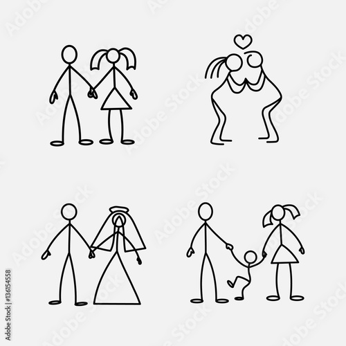 Cartoon icons set of sketch little people in cute miniature scenes.