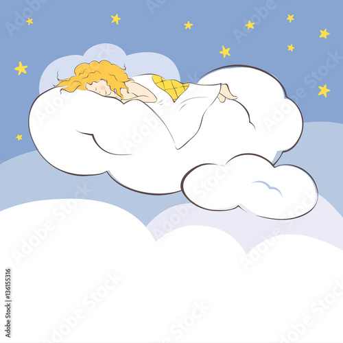 Girl sleeping on clouds / Vector illustration with ginger girl sweetly sleeping in the clouds