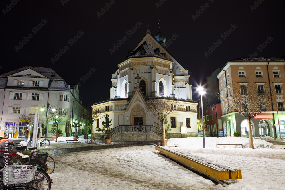 Bavaria, Germany, church  Sankt Nikolaus in the  Rosenheim at winter night 