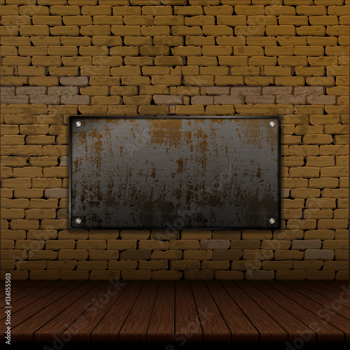 Architectural design background with old brick wall and wooden floor with dimming, empty rusty iron frame.