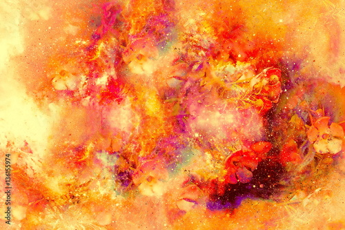 abstract multicolor flower motive collage with dynamic fire effect in space.