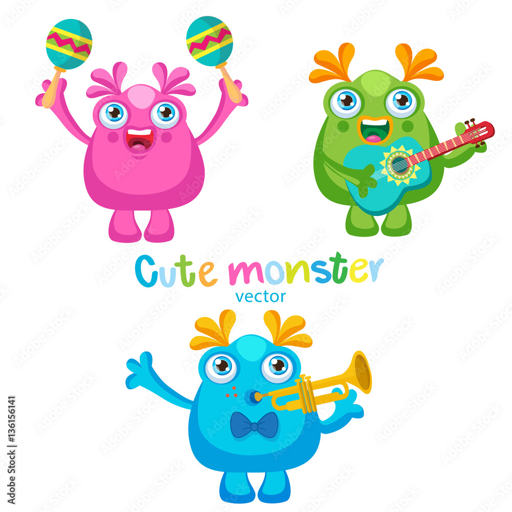 Fototapeta premium Holiday Everyday. Cute Monsters Music Players Vector Set. Luck Cartoon Mascot On A White Background. Monsters With Guitar, Trumpet, Maracas.
