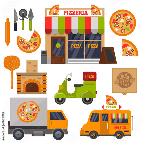 Pizzeria, pizza delivery and pizza vector set. © svetlana2727