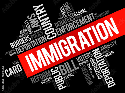 Immigration word cloud collage , social concept background